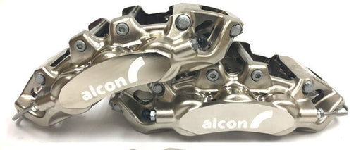 Representative six-piston Alcon front calipers, nickel-plated ENP finish. Select kit configuration and side; one caliper supplied.